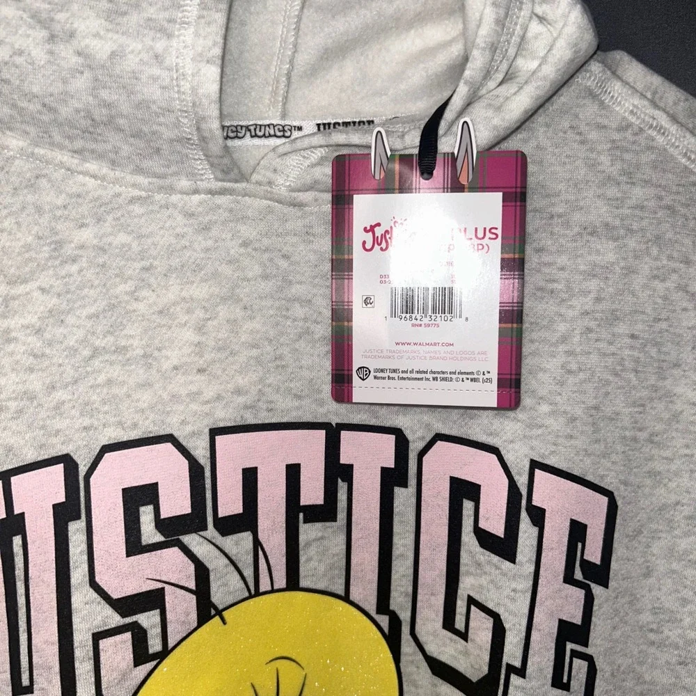 Justice Looney Tunes Tweety Bird Heather Gray Glitter‎ Hoodie XL Plus 16P/18P